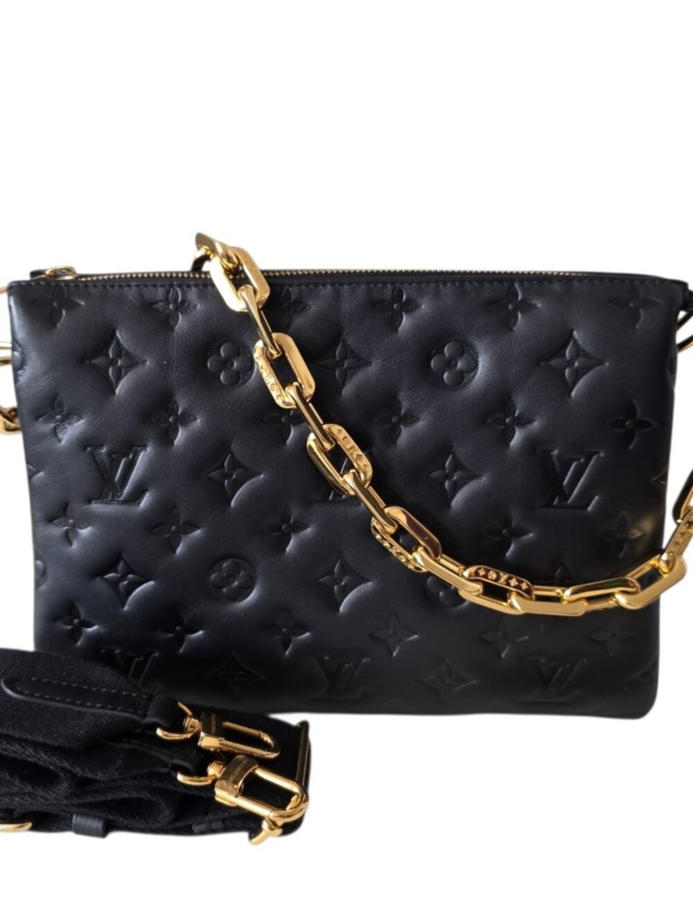 LOUIS VUITTON COUSSIN PM Monogram Embossed Puffy Lambskin Black Leather Shoulder
